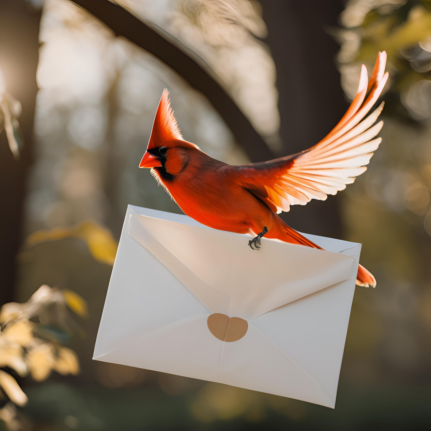 A Cardinal in flight carrying a letter
